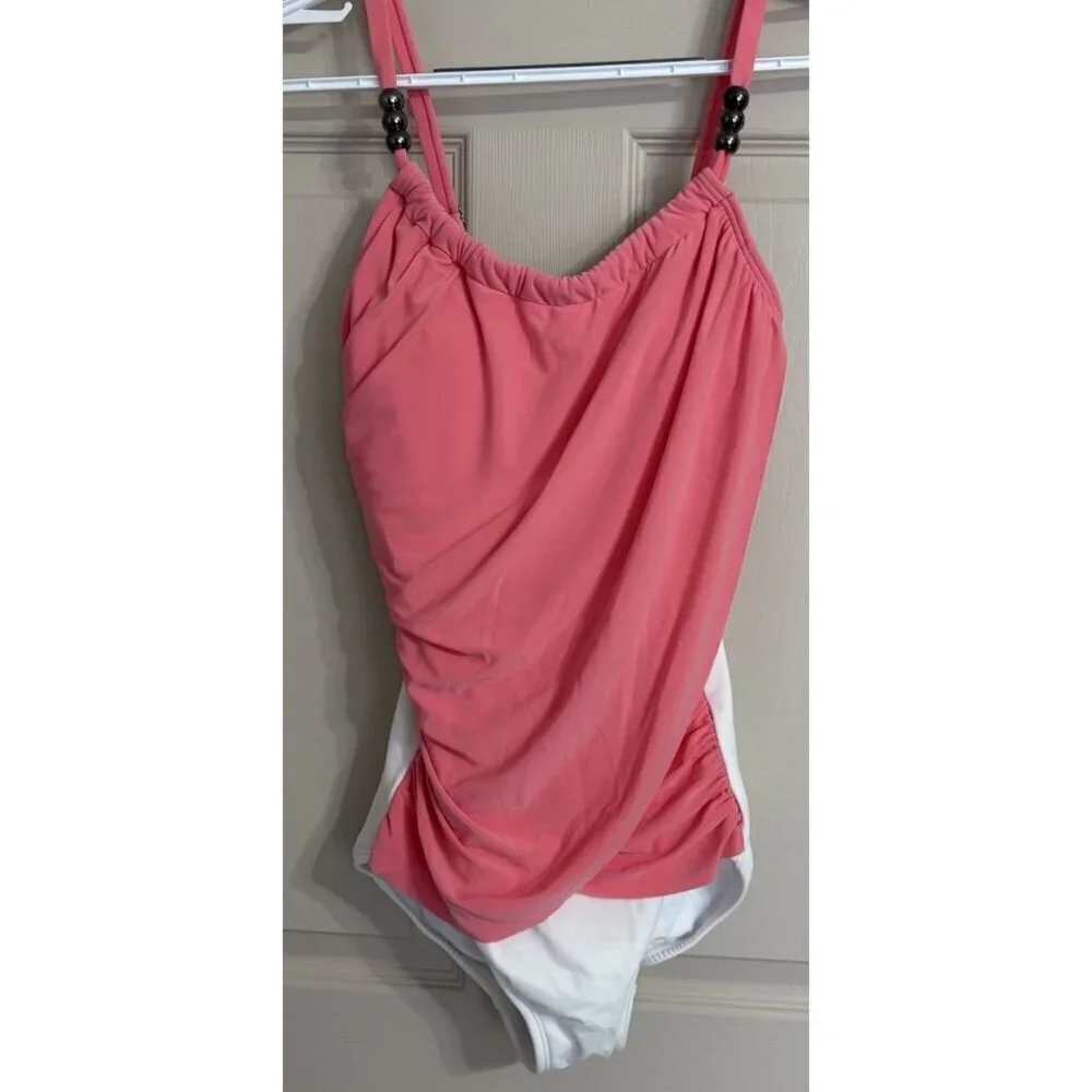 Venus 1 Piece Women’s Swimsuit Ruched Coral White Beaded Neck Accents Womens 8